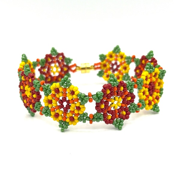 Hand Crafted | Jewelry | Hand Crafted Red And Yellow Beaded Floral ...